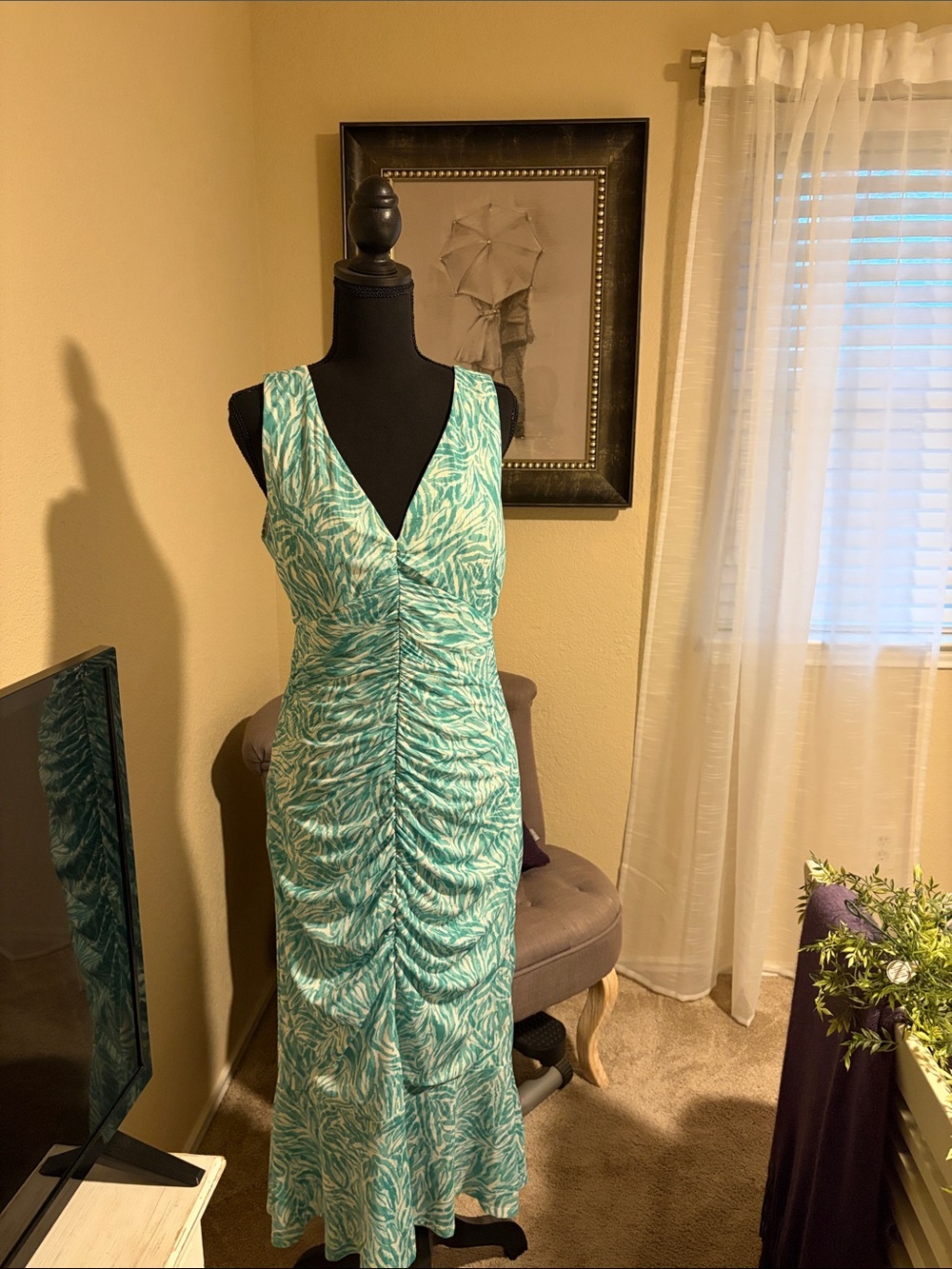 Guess Turquoise Patterned Ruched V-Neck Maxi Dress